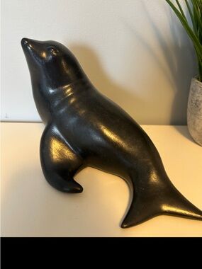 Vintage Black Seal Sculpture Signed CMS Minimalist Modern Coastal Decor